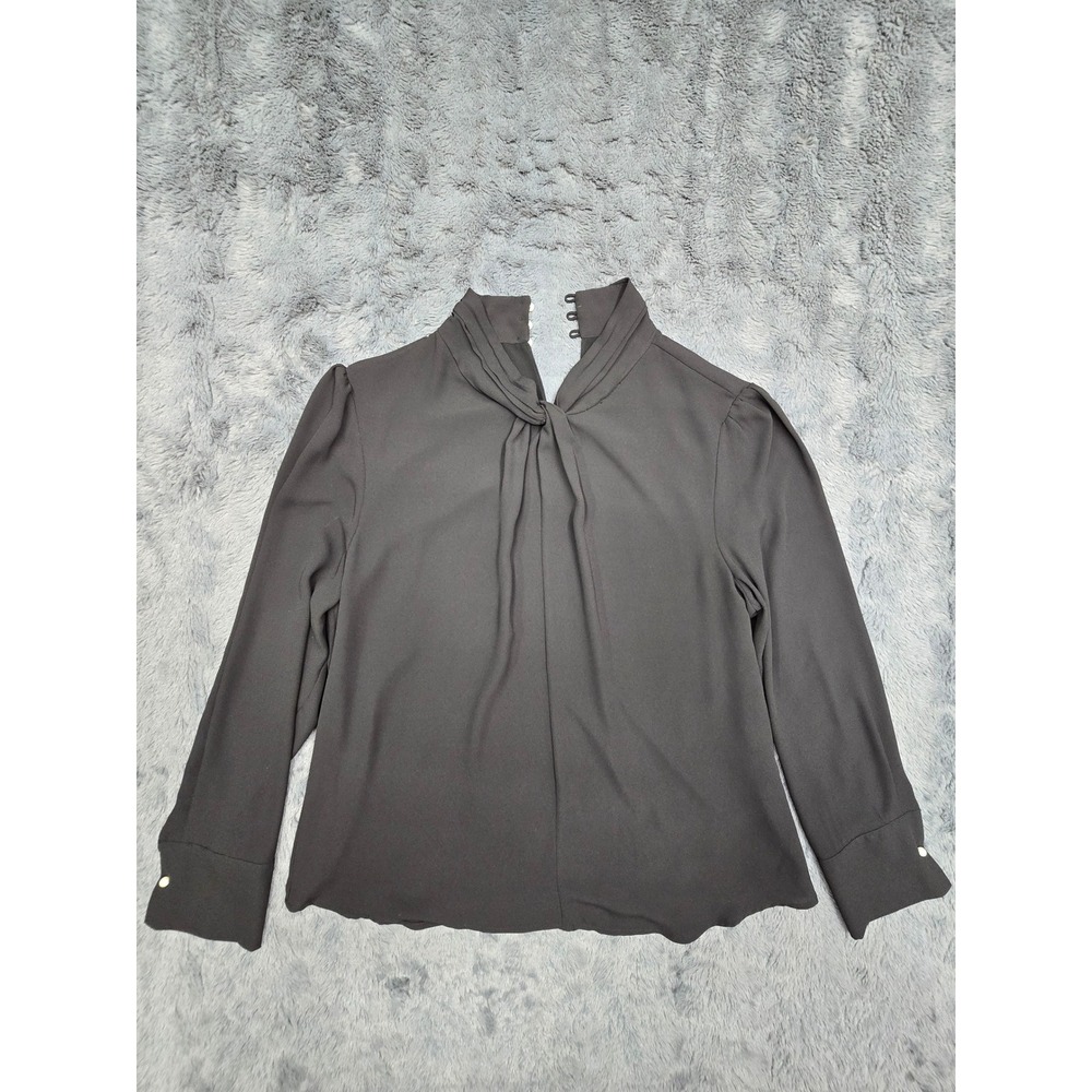 White House Black Market Black Twist Neck Pearl Button Blouse Size 14